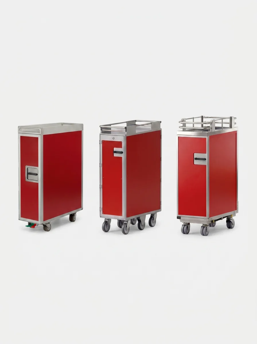Three DE.CAP rail catering trolleys in red and stainless steel