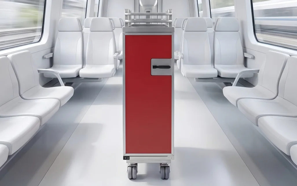 Red DE.CAP catering trolley in the aisle of a passenger train